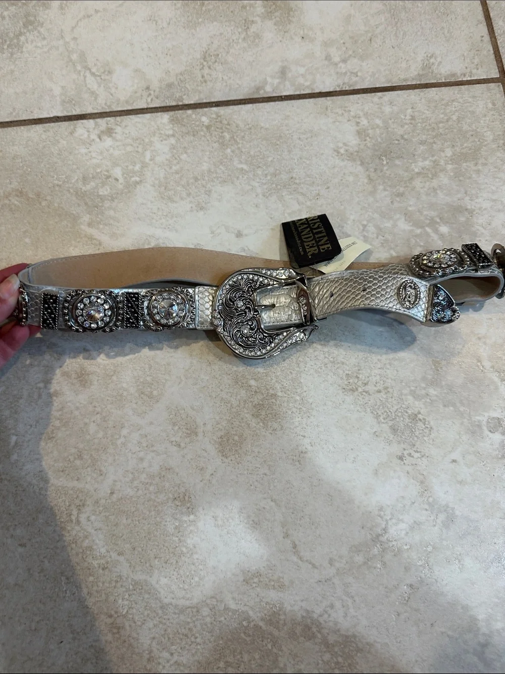 NWT! Christine Alexander Silver Leather Rhinestone Buckle Western Belt M Cowgirl